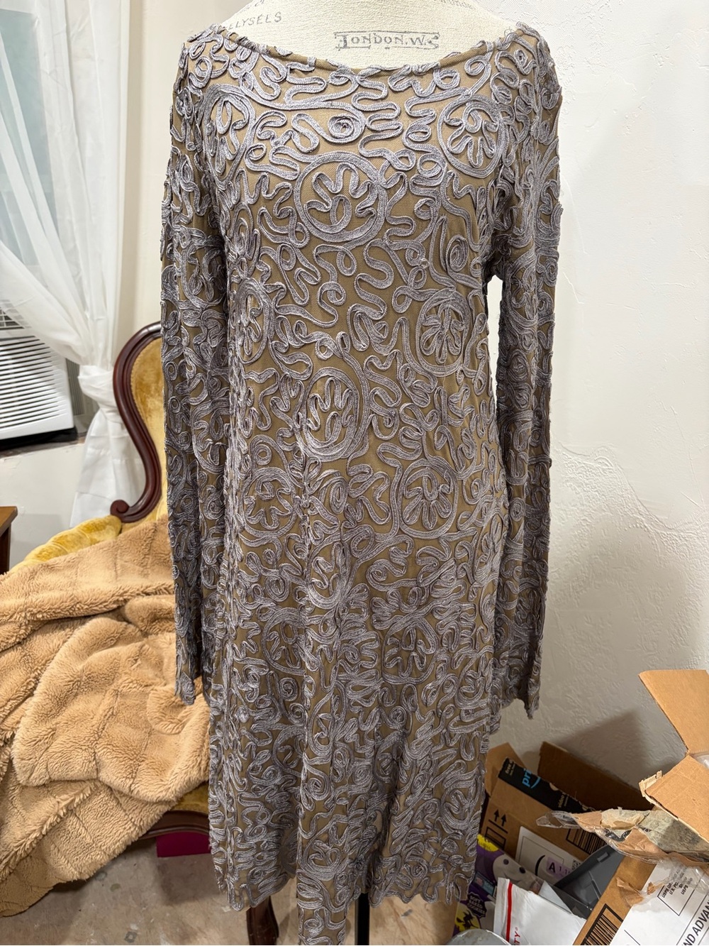 Sundance taupe dress with gray embroidered overlay